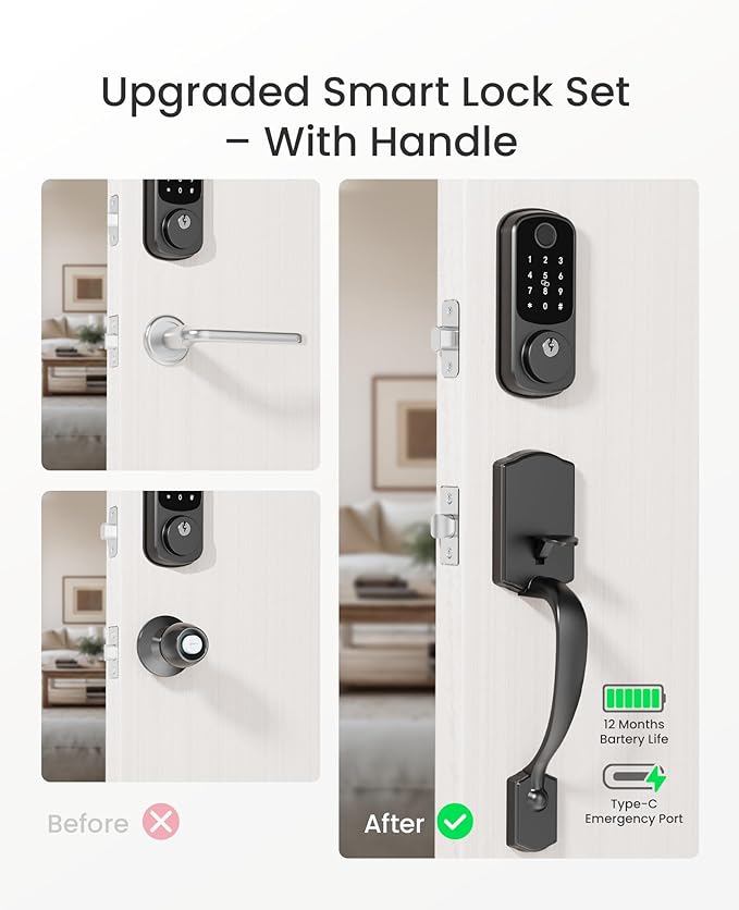 DESLOC B200 Keyless Entry Door Lock with Handle Set, Smart Locks for Front Door, Deadbolt Smart Lock, Front Door Locks Set, Electronic keypad Deadbolt with Handle, 12 Months Battery, IP54