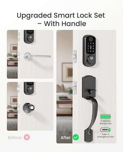 DESLOC B200 Keyless Entry Door Lock with Handle Set, Smart Locks for Front Door, Deadbolt Smart Lock, Front Door Locks Set, Electronic keypad Deadbolt with Handle, 12 Months Battery, IP54