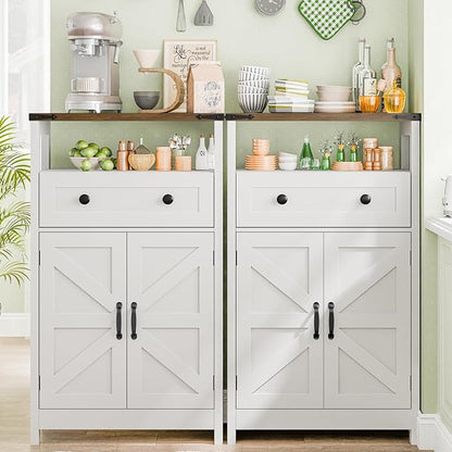 Farmhouse Bathroom Storage Cabinet with Barn Doors, Bathroom Storage Organizer with Drawers, Rustic Freestanding Floor Cabinet for Kitchen, Living Room, White