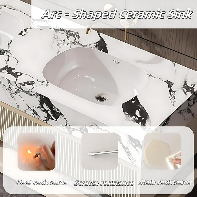 Fashionable Bathroom Vanity with Sink, Smart One-Click Defogging & LED Light, Bathroom Sink and Cabinet with Wave Striped Panel, Rockslab Countertop (Mirror Cabinet, 76IN)