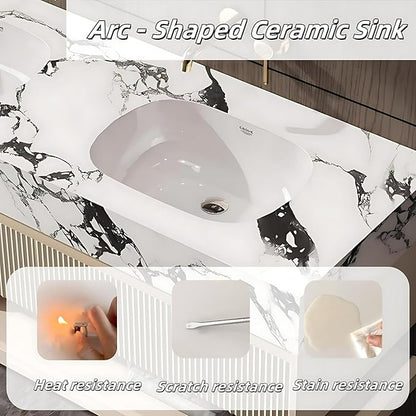 Fashionable Bathroom Vanity with Sink, Smart One-Click Defogging & LED Light, Bathroom Sink and Cabinet with Wave Striped Panel, Rockslab Countertop (Mirror, 56IN)