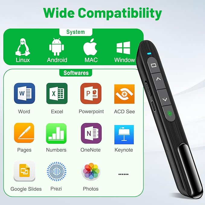Presentation Clicker for Powerpoint with Green Light Pointer, 2-in-1 USB Type C Rechargeable Wireless Clicker with Hyperlink Volume Control, Pointer for Presentations Support Mac Windows