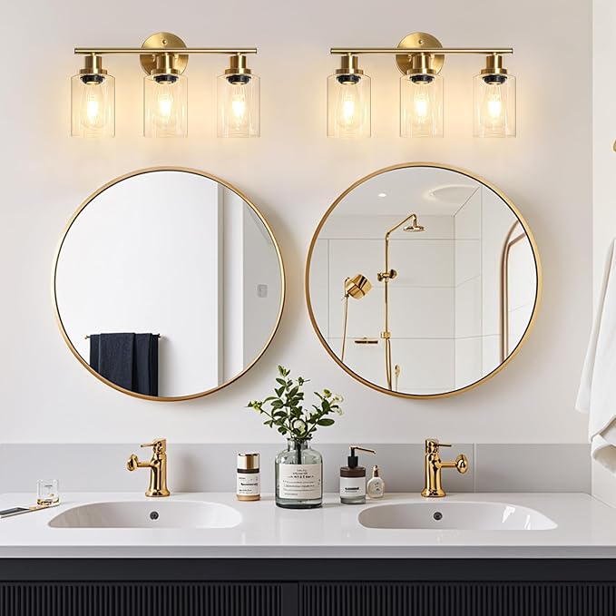 Unicozin Modern Bathroom Light Fixtures, 3 Light Vanity Lights, Gold Wall Lamp with Clear Glass for Bathroom, Mirror, Living Room, Bedroom, Hallway, E26 Base