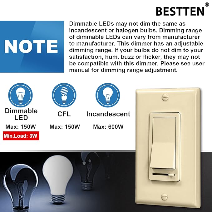 BESTTEN 10 Pack Almond Dimmer Light Switch, 3 Way or Single Pole Dimmer Switches, for Dimmable LED, Halogen and Incandescent Bulbs, 120V, Decorator Wall Plate Included, UL Listed