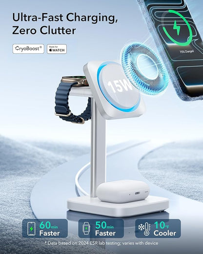 ESR for MagSafe Charger Stand, 3 in 1 Charging Station with CryoBoost, Phone-Cooling Wireless Charging, 15W MagSafe Stand, for iPhone 17/16/15/14/13/12, AirPods, Apple Watch, White