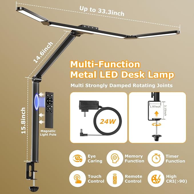 Airlonv LED Desk Lamp with Clamp, Architect Desk Lamp for Home Office with Remote, 24W Ultra-Bright Desk Light with Stepless Dimming and Stepless Color Temp, Memory Function for Study and Workbench