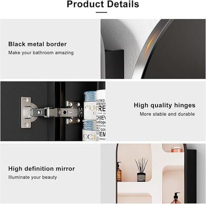 Black Arched Medicine Cabinet with Mirror, Arched Mirror Cabinet for Bathroom,Black Metal Edge Medicine Cabinet Surface Mount Only,Bathroom Arch Mirror Cabinet with Storage,16 x32 Inch