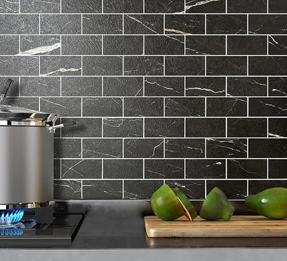AULIGET 100 Piece Faux Stone Backsplash Peel and Stick PVC Tile, 3 Inch x 6 Inch Black Marble with White Grout Stick on Tiles for Backsplash Kitchen, Bathroom, Laundry Room, Camper, Fireplace