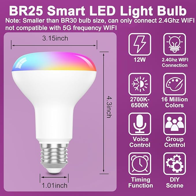 HYDONG Smart RGB Bulb,BR25/R80,Smart Bulbs Compatible with Alexa,Color Changing LED WiFi Bulb 12W,2.4Ghz WiFi Only.E26/E27Base,4Packs