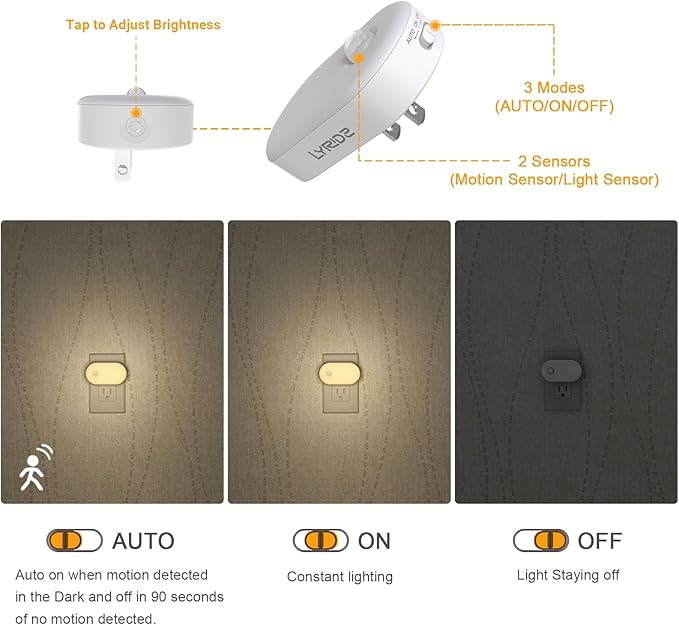 Lyridz Plug in Night Light with Motion Sensor, Smart Warm White LED Nightlights with 1-120LM Stepless Adjustable Brightness for Bathroom, Bedroom, Kitchen, Stairs, Hallway, 6 Pack