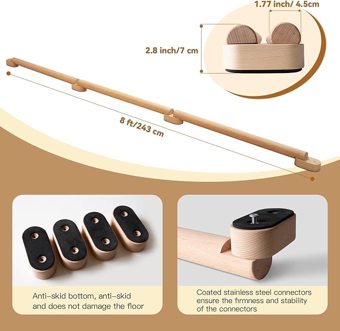 8 FT Adjustable Beech Wood Balance Beam for Indoor and Outdoor UseImprove Balance,Flexibility, Ankle Foot Strength for All Ages Physical Therapy for Plantar Fasciitis Relief
