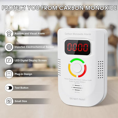 Carbon Monoxide Detectors Plug in, Portable CO Detector with LED Digital Display, Carbon Monoxide Alarm with Audible and Visual Alarm & Test Mute Button, CO Alarms Monitor for Home/Kitchen/Hotel