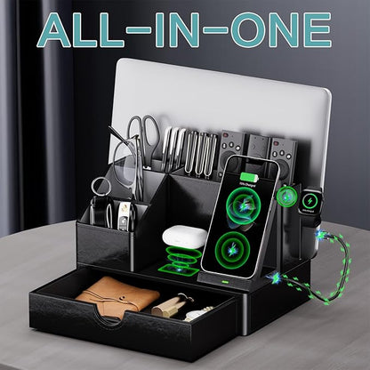 Black PU Leather Multi-Device Charging Station with Drawer - 6-in-1 Desktop Organizer for Phone, iPad, Tablet, Laptop, Watch, Headphones - Electronics Docking Hub & Storage Box for Office Home (Black)