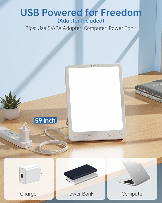 SUXIO Light Therapy Lamp - 10000 Lux Therapy Lights Lamp, 3 Timer & Mode Sunlight Lamp, Memory Function Daylight Lamp, Portable Light Box Therapy Use As Lift Mood, Happy Lamp for Home/Office/Travel