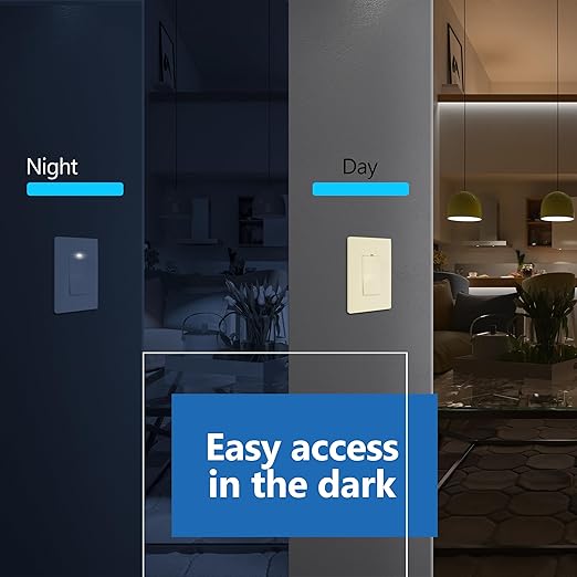 LIDER Minimalist Design Matte Finish Lighted Decorator Switch, Frameless Paddle Light Switch with Locator Light, Grounding Screw, 3-Way or Single Pole, 15A 120V, UL Listed, LS15-3W-LA, Light Almond