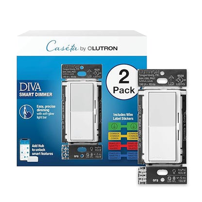 Lutron Diva Smart Dimmer Light Switch for Caseta Lighting (Lutron Smart Hub Required), for LED Lights, 150W, Single-Pole/3-Way, No Neutral, White, 2 Pack (DVRF-6LS-WH-2)