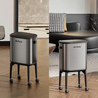 MRBIN Stainless Steel Slim Bathroom Trash Can with Legs and Wheels, 15L / 4gal Toilet Press Lid Waste Basket, Covered Office Garbage Pail for Near Desk, Narrow Vanity, Rvs, Kitchen, Eclipse Grey