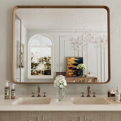 LOAAO 40X36 Inch Bathroom Mirror with Wood Grain Colored Metal Frame, Rounded Rectangle Metal Framed Bathroom Mirror, Anti-Rust, Hangs Horizontally or Vertically, Tempered Glass