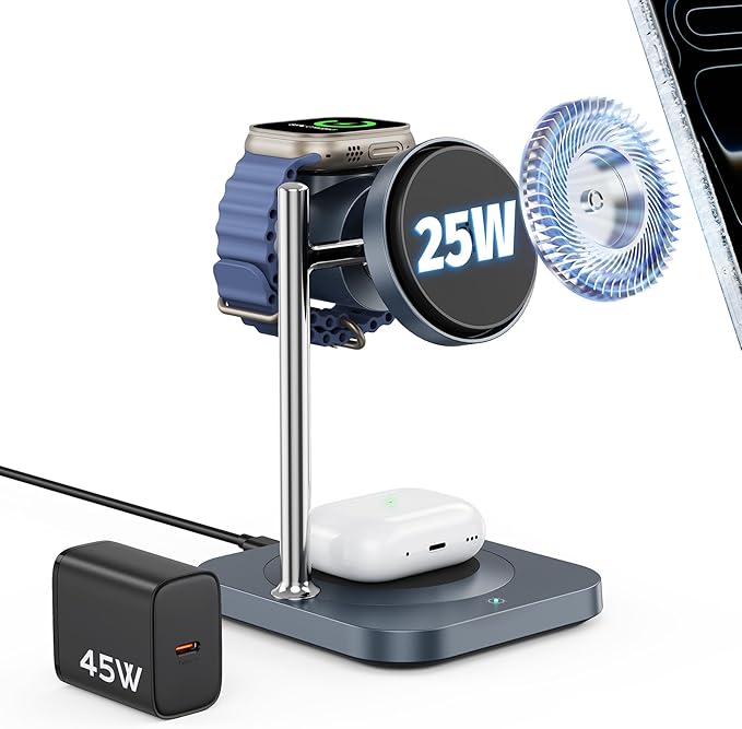 Gumosh Qi2.2 Charging Station for Apple, 25W 3 in 1 Magsafe Charger Stand with Active Cooling Fan, Magnetic Wireless Charger for iPhone 17/16/15/14/13/12, Apple Watch, AirPods (with 45W Adapter)