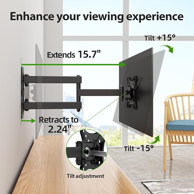 USX MOUNT Full Motion TV Wall Mount - Universal Single Stud Corner Bracket for 13-32 inch TVs, Monitor Wall Mount for LCD Monitor Swivel Tilt Rotation Articulating, VESA100x100mm, Up to 33LBS