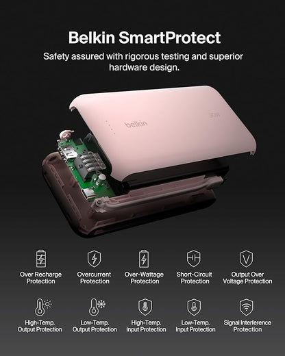 Belkin Portable Charger, Power Bank with Integrated Cable 20000 mAh 30W - Fast Charging USB C Power Delivery - iPhone 17, Air, Pro, Pro Max, iPad, AirPods, Apple Watch, Galaxy S25, & More - Pink