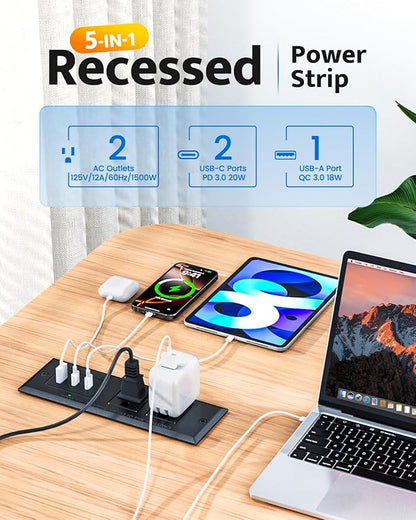 Recessed Power Strip with 20W USB C Port, Fast Charging USB A Port Conference Recessed Outlet, Space-Saver for Furniture Side Table, End Table, Desk Outlet with 6ft Cord, 45° Thin Flat Plug, Black