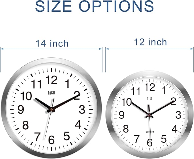 HITO 14" Silent Wall Clock Battery Operated Non Ticking Sweep Movement Glass Cover Silver Aluminum Frame, for Kitchen, Bedroom, Home Office, Living Room Decor