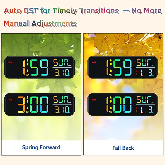 Peakeep Digital Alarm Clock for Bedrooms, Date Day of Week Large Display Numbers 6 Brightness Dimmer, 5 Volume Loud for Heavy Sleepers, 8 RGB Colors Electric Desk Clock Battery Backup, Auto DST