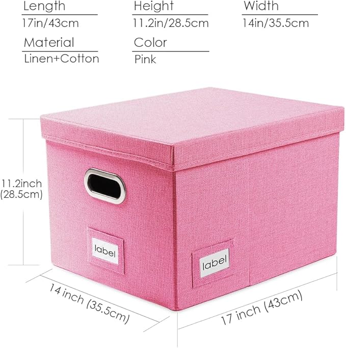 PRANDOM File Organizer Box - Set of 4 Collapsible Decorative Linen Filing Storage Hanging File Folders with Lids Office Cabinet Letter/Legal Size Pink 17.1x14x11.1 inch