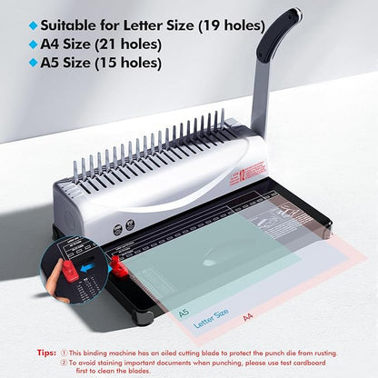 MAKEASY Binding Machine, 21-Hole, 450 Sheets, Comb Binding Machines with 1 Box Comb Bindings Spines, Comb Binder for Letter Size, A4, A5 Paper