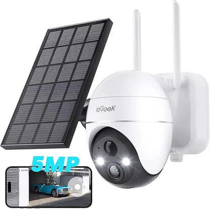 ieGeek 5MP Security Cameras Wireless Outside, Solar Camera Outdoor Wireless WiFi 360° PTZ Battery Powered with Spotlight & Siren/Motion Detection/Color Night Vision/2-Way Audio/IP65, Works with Alexa