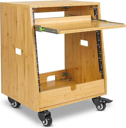 Sound Town DIY Solid Carbonized Bamboo Slanted 10U Studio Rack (2U Top + 8U Lower), with 2U Bottom Storage, Slide-Out Tray, Caster, For Recording Room, Home Studio (STBR-ST10T)