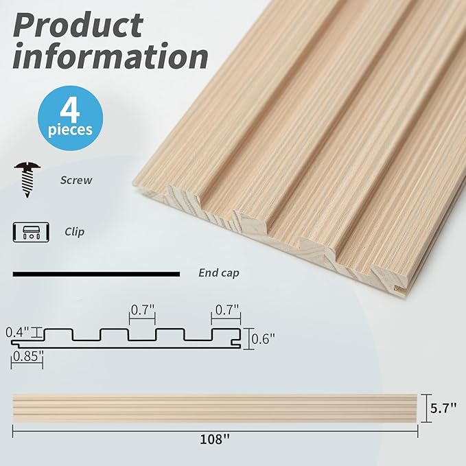 Art3d Slat Wood Wall Paneling for Interior and Ceiling Decoration - Pack of 4pcs + 1pc End-Trim, Size 108 x 5.7in.- Ashtree