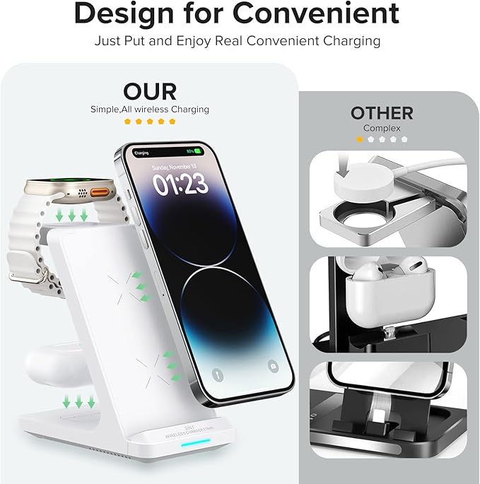 Wireless Charging Station, 3 in 1 Fast Wireless Charger Stand for Multiple Devices Apple Watch Ultra Series 11 10 9 8 7 6 SE 5 4 3 2, iPhone 17 16 15 14 13 12 11 Pro Max/Plus/Air/X/XS/XR/SE, Airpods