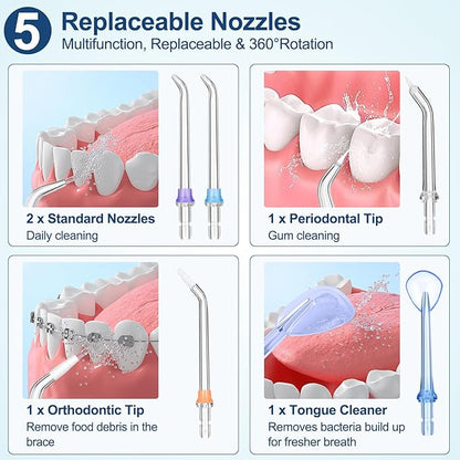 Dental Flosser with 5 Modes, Cordless Travel Dental Flosser, Rechargable, Long Lasting Battery, 300ml Water Tank, Travel Friendly. FDA Accepted.