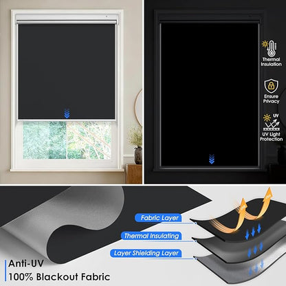 Motorized Roller Blinds with Remote Control & Solar Panel - 100% Blackout Smart Blinds, Automatic, Cordless, Electric Shades - Compatible with Alexa - Black, 35" W x 72" H