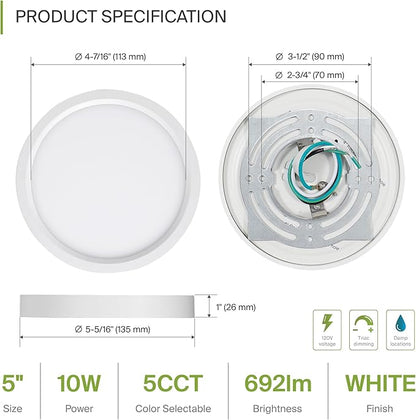 ASD LED 5" Round Flush Mount Ceiling Light Fixture, Low Profile Surface Lighting | 5CCT, Dimmable, Ultra-Thin, ETL Listed | 10W 700LM 2700-6000K 120V | Kitchen, Bedroom, Hallway Lamp | White, 12 Pack