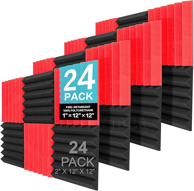 JBER 24 Pack Red and Charcoal Acoustic Panels Studio Foam Wedges Fireproof Soundproof Padding Black Wall Panels 2" X 12" X 12"…