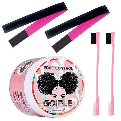 Goiple Edge Control Wax for Women Strong Hold Non-greasy Edge Smoother Strawberry Scent (4oz Edge Control Wax + Edge Brushes*2 + Pink Elastic Bands*2)