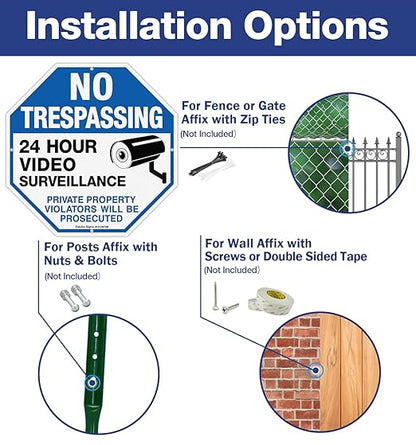 2-Pack No Trespassing Sign Private Property Protected By Video Surveillance Violators Will Be Prosecuted Sign, 12 x 12 Inch Reflective Aluminum, UV Protected, Weather/Fade Resistant, Easy to Install