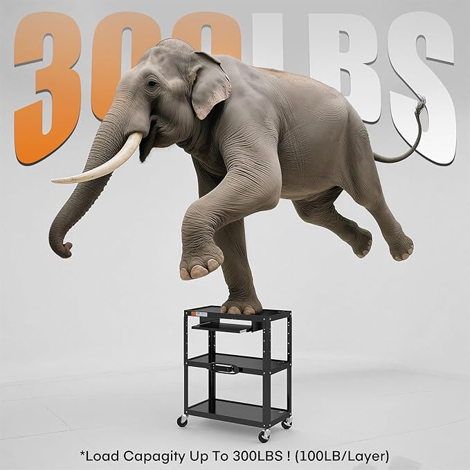 Extra-Large 3-Tier Utility Cart with Built-in Power Strip – Heavy-Duty 14-Gauge Steel Rolling Cart for Office, Workshop, or Classroom – 300 Lb Capacity (34" x 18" x 41.75")
