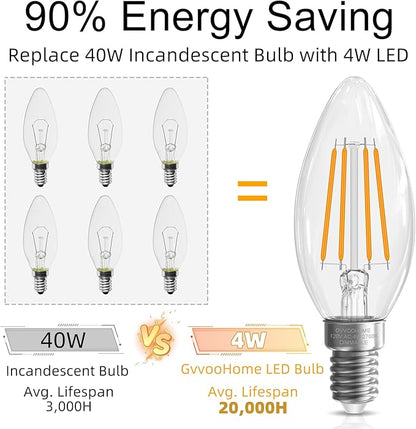 GvvooHome LED Candelabra Light Bulbs, E12 Bulb dimmable, 4W,40 watt Equivalent, Chandelier Light Bulbs, B10 Candle Bulb 2700K Soft White, 90+CRI, 400LM, Clear Glass, 48 Pack