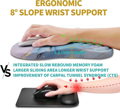 Hokafenle Ergonomic Mouse Pad Wrist Support, Wrist Rest Mousepad for Carpal Tunnel Pain Relief with Integrated Memory Foam Slope Massage Bulge (11.8x7.9 inch,Blue Marble