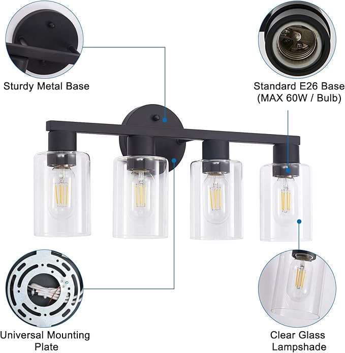 4 Light Bathroom Vanity Light, Matte Black Bathroom Light Fixtures with Clear Glass Shade, 4-Light Vanity Lights, Black Lighting Fixtures for Bath Mirror Bedroom Living Room Hallway Porch