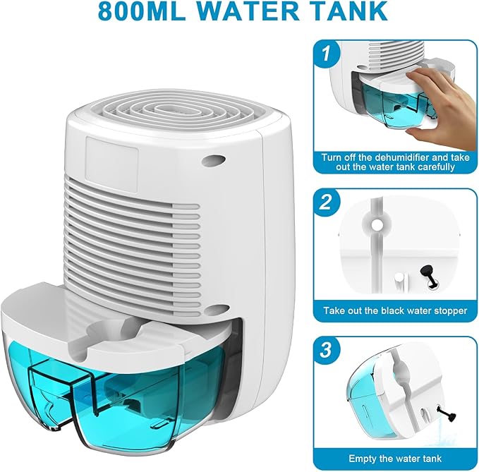 Dehumidifier with Drain Hose. Litever Small Portable Dehumidifier. Auto-OFF. Drain Hose for Continuous Drainage. Effective for Small Bathroom Pantry Closet Basement Wardrobe Gun safe RV Trailer Camper