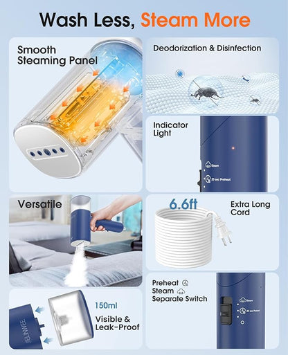 Handheld Steamer for Clothes, 1200W Foldable Travel Steamer, 20 Sec Preheat Garments Wrinkle Remover, 120V Portable Hand Iron with 150ml Water Tank, Clothes Steamer for Home Travel-Blue