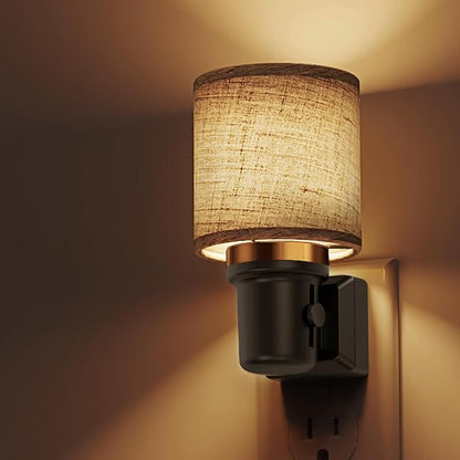 L LOHAS LED Night Lights Plug into Wall, Linen Fabric Cylinder Decor Night Light, Dusk to Dawn Sensor Vintage Nightlight, 0-100LM Dimmable, for Bedroom Living Room Hallway