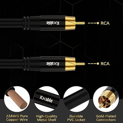 Subwoofer Cable RCA to RCA Audio Cable 12FT, Digital Coaxial Audio Cable, Premium S/PDIF RCA Cord for Home Theater, HDTV, Subwoofer, Hi-Fi System, Amplifier, 22AWG Tinned Copper, Double Shielded
