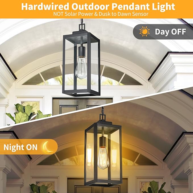 15'' Outdoor Pendant Light, Modern Outside Chandelier Outdoor Hanging Lantern Light, Matte Black with Clear Glass, Exterior Pendant Lighting Fixture Ceiling Mount for Porch, Entryway, Gazebo, 1Pack