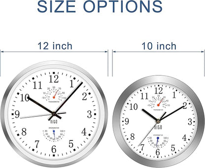 HITO 12 Inch Silent Wall Clock Battery Operated Non Ticking Glass Cover Silver Aluminum Frame, for Living Room Decor, Kitchen, Bedroom, Home Office (12" White)